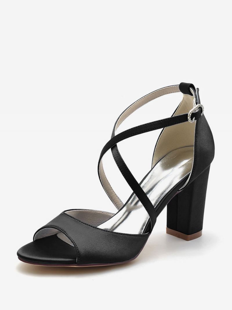 Sapatos Casamento Femininos Cetim Peep Toe Salto Bloco Noiva - Preto