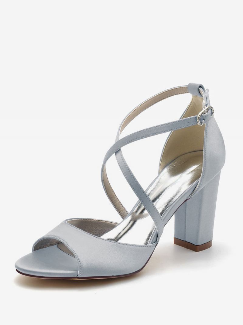 Sapatos Casamento Femininos Cetim Peep Toe Salto Bloco Noiva - Prata