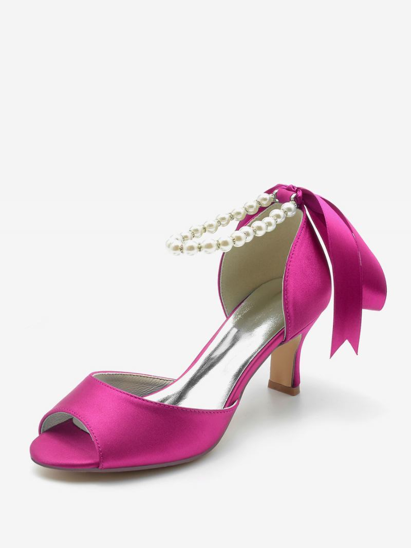 Sapatos Casamento Femininos Cetim Pérolas Brancas Peep Toe Laço Tornozelo Cinta Bombas - Rosa