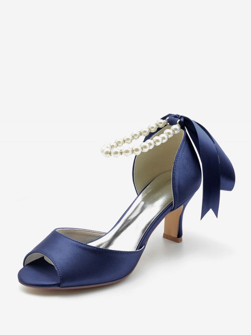 Sapatos Casamento Femininos Cetim Pérolas Brancas Peep Toe Laço Tornozelo Cinta Bombas - Azul Profundo