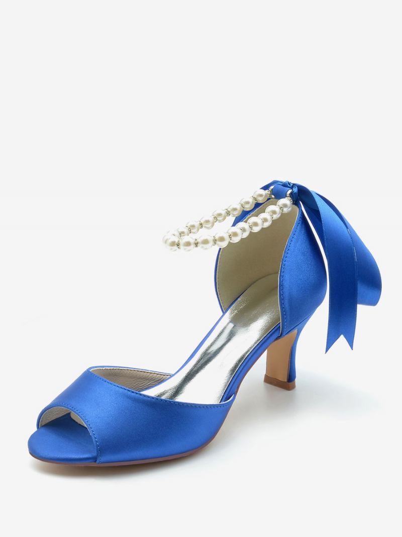 Sapatos Casamento Femininos Cetim Pérolas Brancas Peep Toe Laço Tornozelo Cinta Bombas - Azul Royal