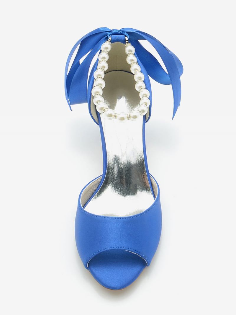 Sapatos Casamento Femininos Cetim Pérolas Brancas Peep Toe Laço Tornozelo Cinta Bombas - Azul Royal