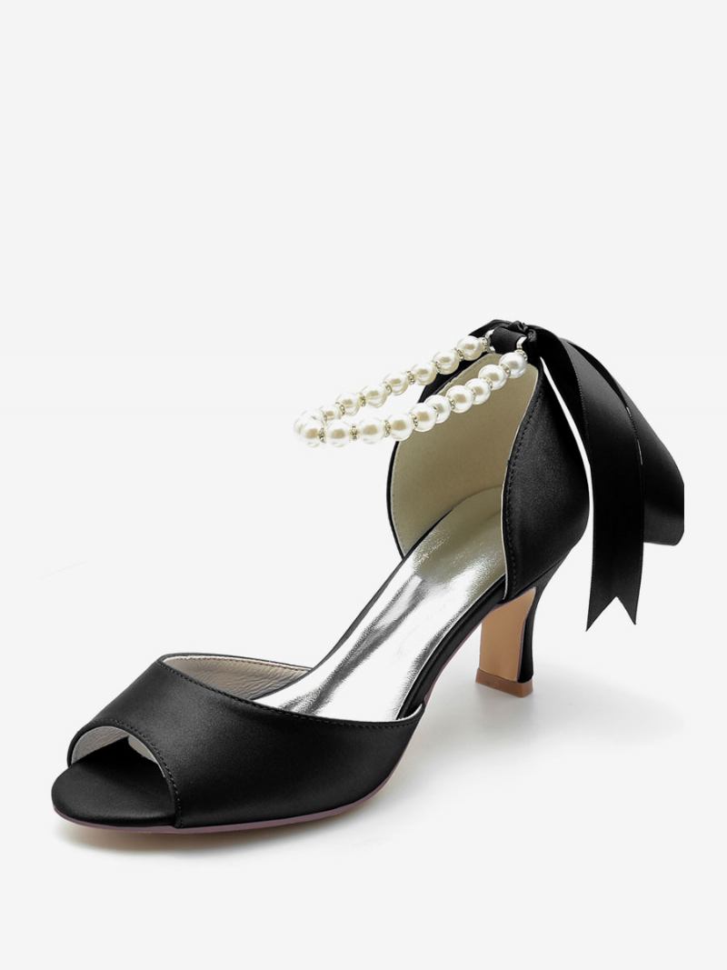 Sapatos Casamento Femininos Cetim Pérolas Brancas Peep Toe Laço Tornozelo Cinta Bombas - Preto