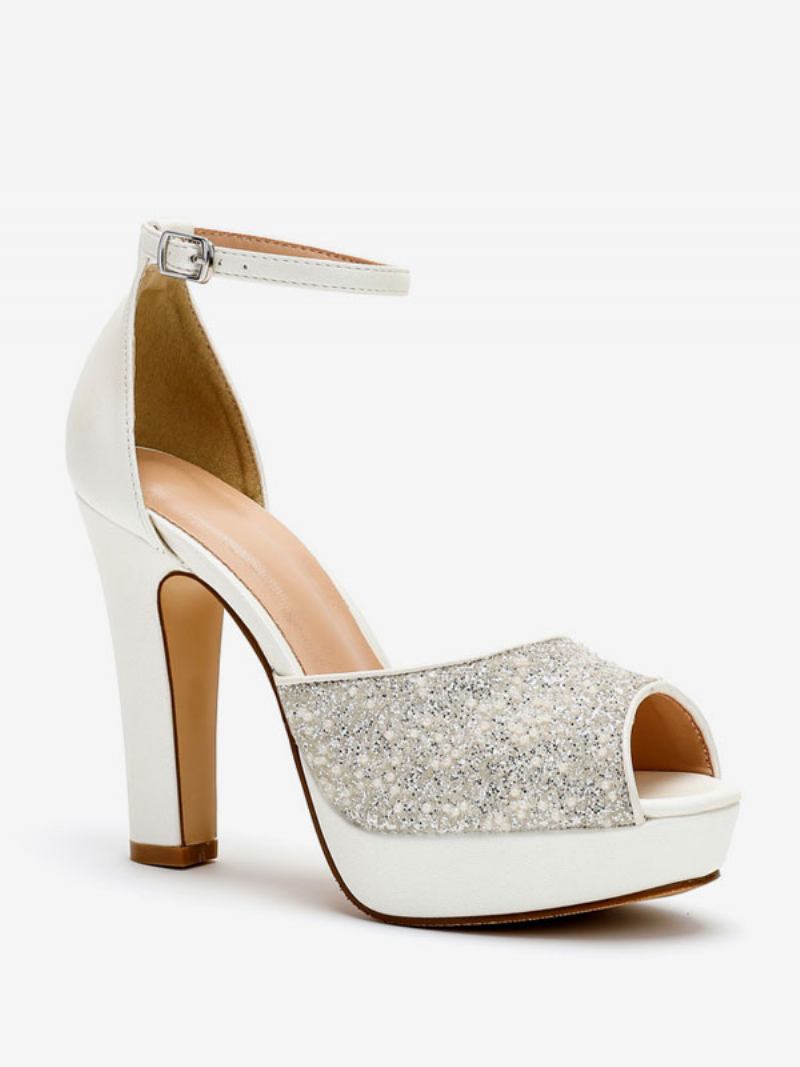 Sapatos Casamento Femininos Com Glitter Couro Pu Peep Toe Pérolas Salto Alto Bombas Noiva - Branco