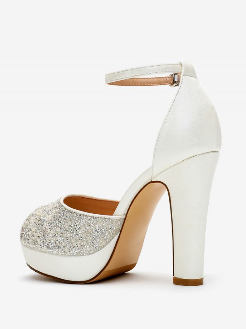 Sapatos Casamento Femininos Com Glitter Couro Pu Peep Toe Pérolas Salto Alto Bombas Noiva - Branco