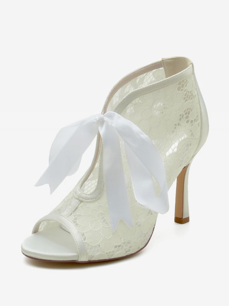 Sapatos Casamento Femininos Com Laço Branco E Sandálias Peep Toe - Marfim