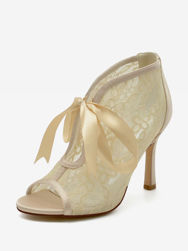 Sapatos Casamento Femininos Com Laço Branco E Sandálias Peep Toe - Champanhe