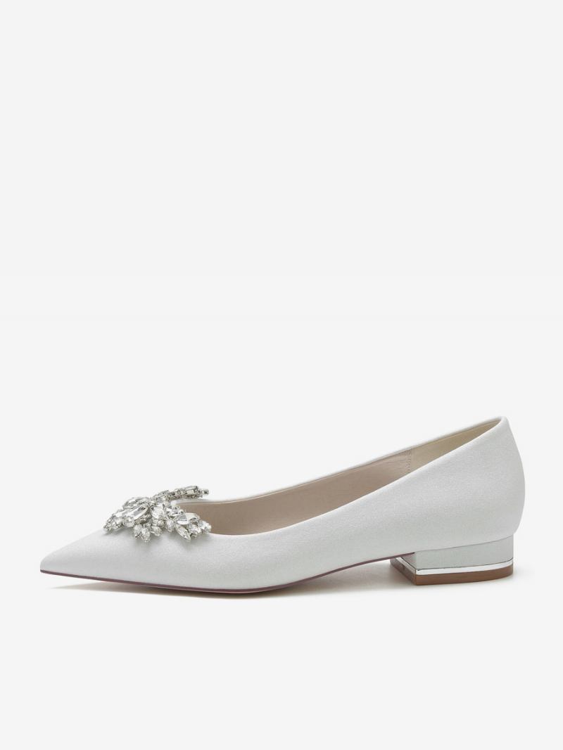 Sapatos Casamento Femininos Com Lantejoulas Bico Fino E Strass Noiva Planos - Branco