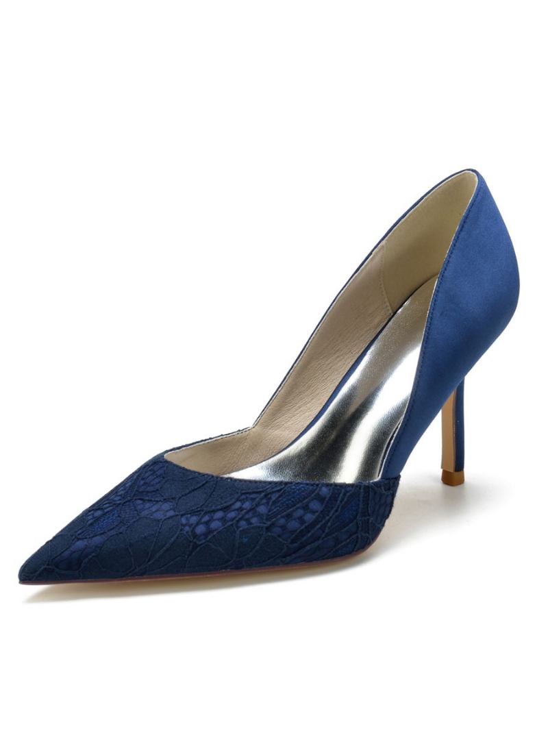 Sapatos Casamento Femininos Com Renda Bico Fino Salto Agulha Bombas Noiva - Azul Profundo