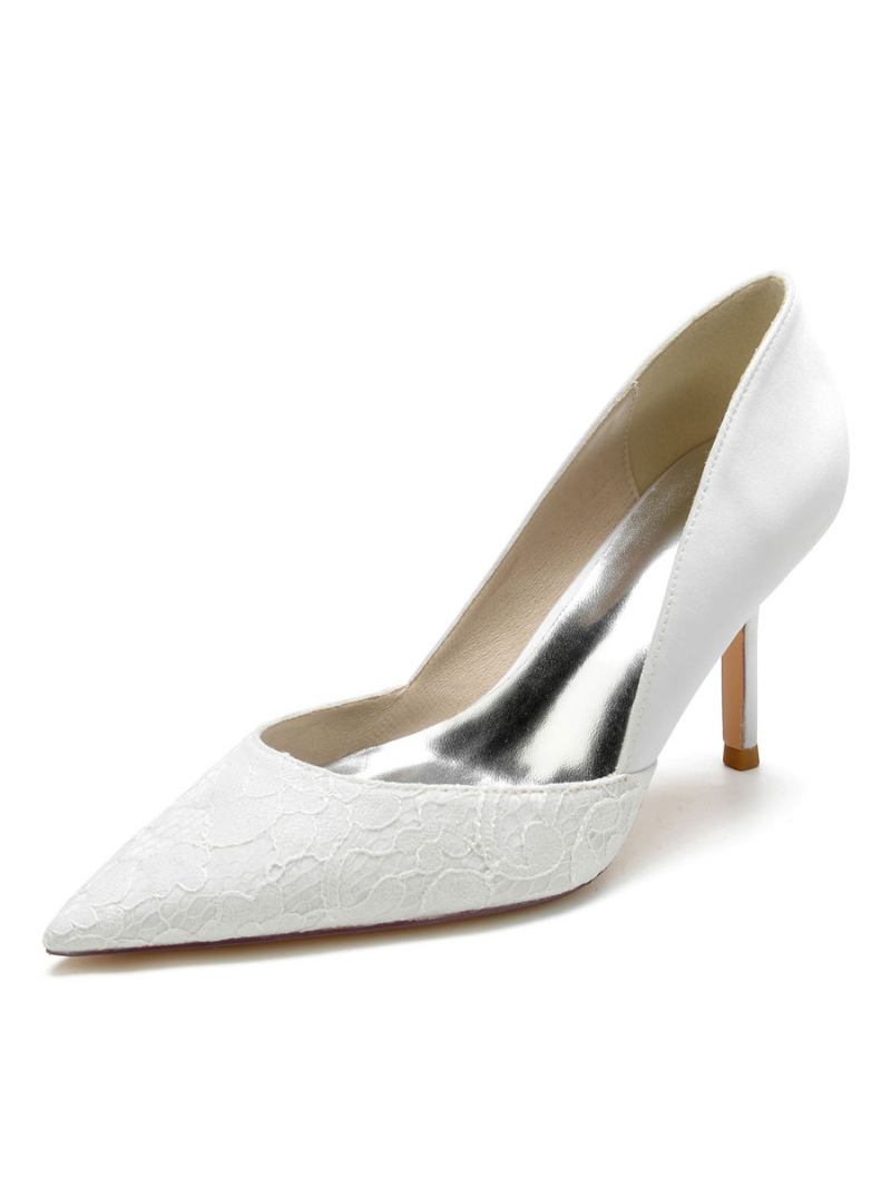 Sapatos Casamento Femininos Com Renda Bico Fino Salto Agulha Bombas Noiva - Branco