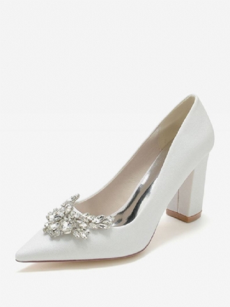 Sapatos Casamento Femininos Com Strass Bico Fino Salto Grosso Noiva