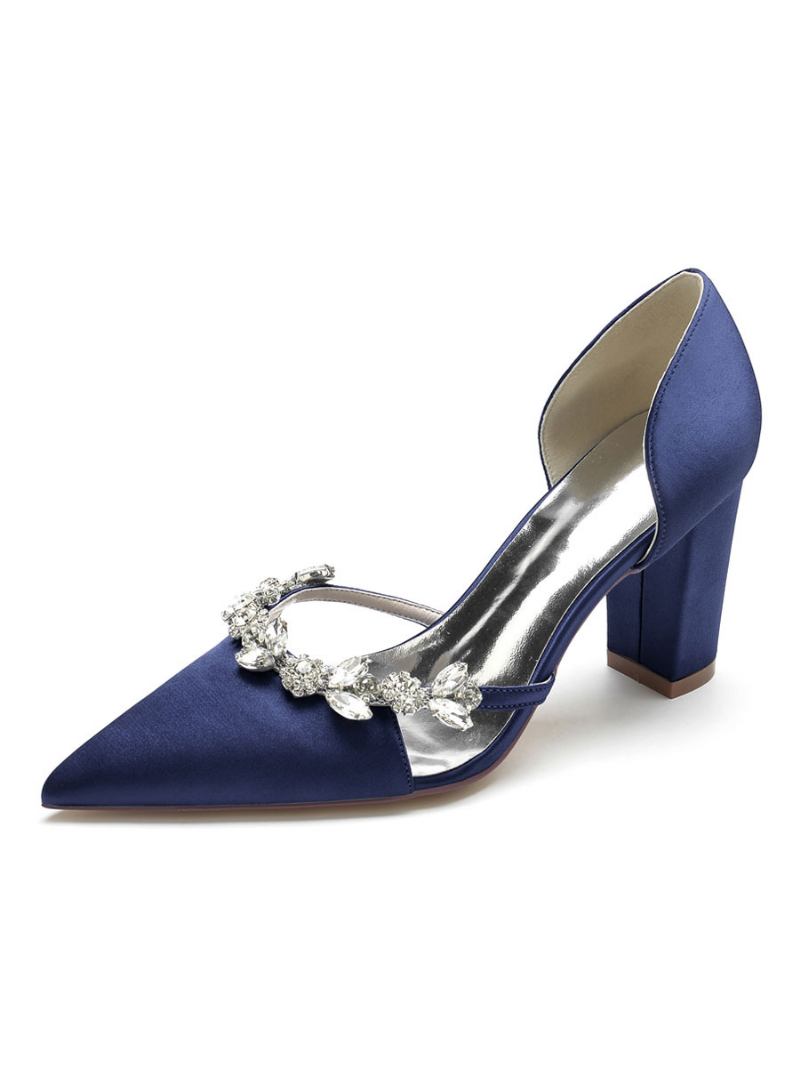 Sapatos Casamento Femininos Com Strass Dorsay Salto Grosso Em Cetim - Azul Profundo