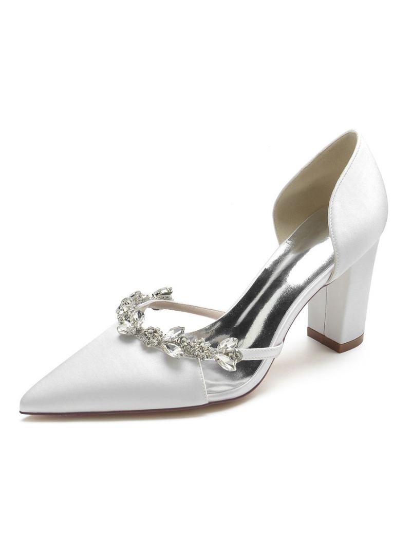 Sapatos Casamento Femininos Com Strass Dorsay Salto Grosso Em Cetim - Branco