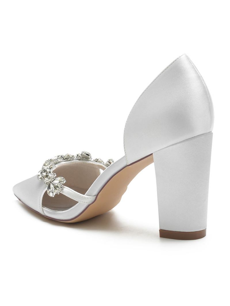 Sapatos Casamento Femininos Com Strass Dorsay Salto Grosso Em Cetim - Branco