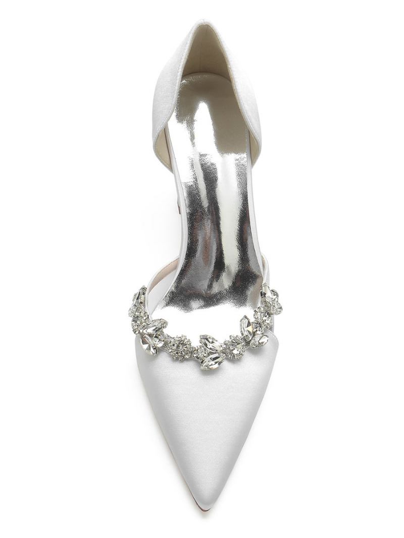 Sapatos Casamento Femininos Com Strass Dorsay Salto Grosso Em Cetim - Branco