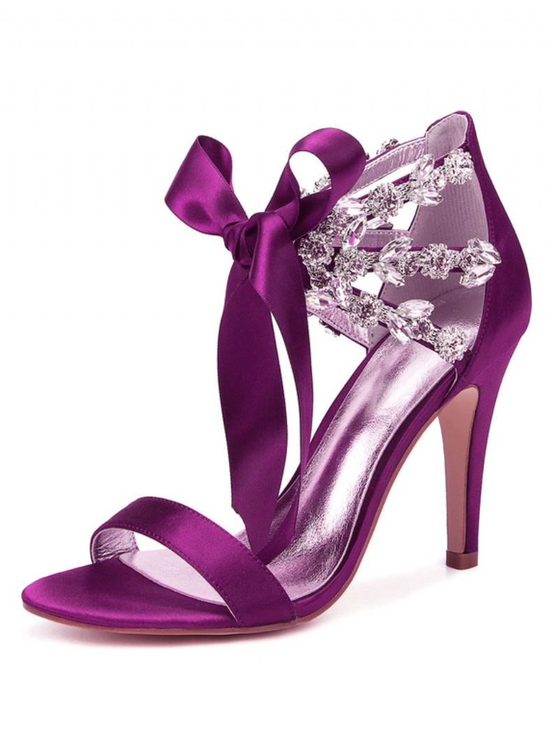 Sapatos Casamento Femininos Com Strass E Sandálias Salto Alto Em Cetim - Roxo