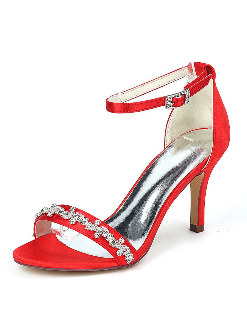 Sapatos Casamento Femininos Com Tira No Tornozelo E Sandálias Salto Agulha - Vermelho