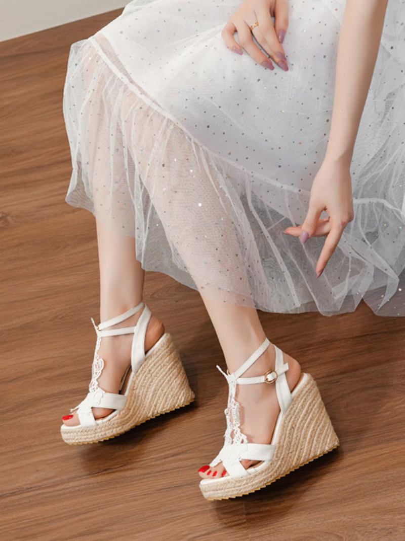 Sapatos Casamento Femininos Couro Pu Branco Bordado Sandálias Dedo Aberto - Branco