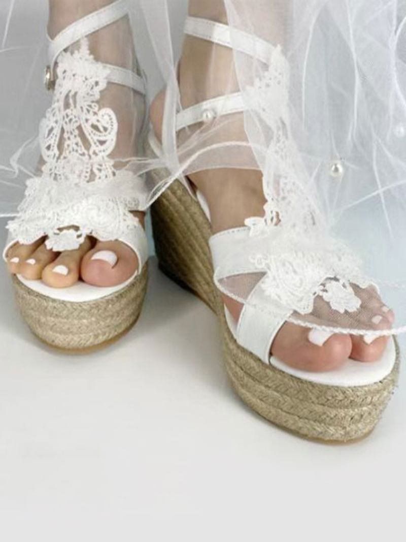 Sapatos Casamento Femininos Couro Pu Branco Bordado Sandálias Dedo Aberto - Branco