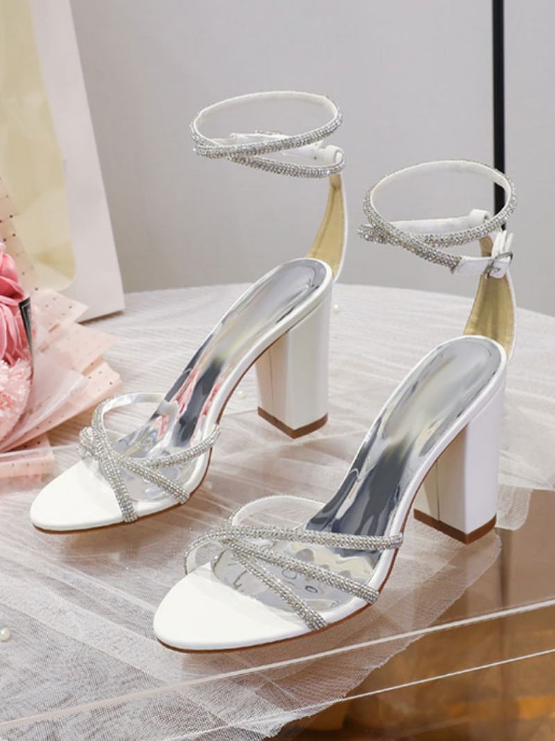 Sapatos Casamento Femininos Couro Pu Preto Aberto Dedo Do Pé Strass Noiva Salto Grosso - Branco