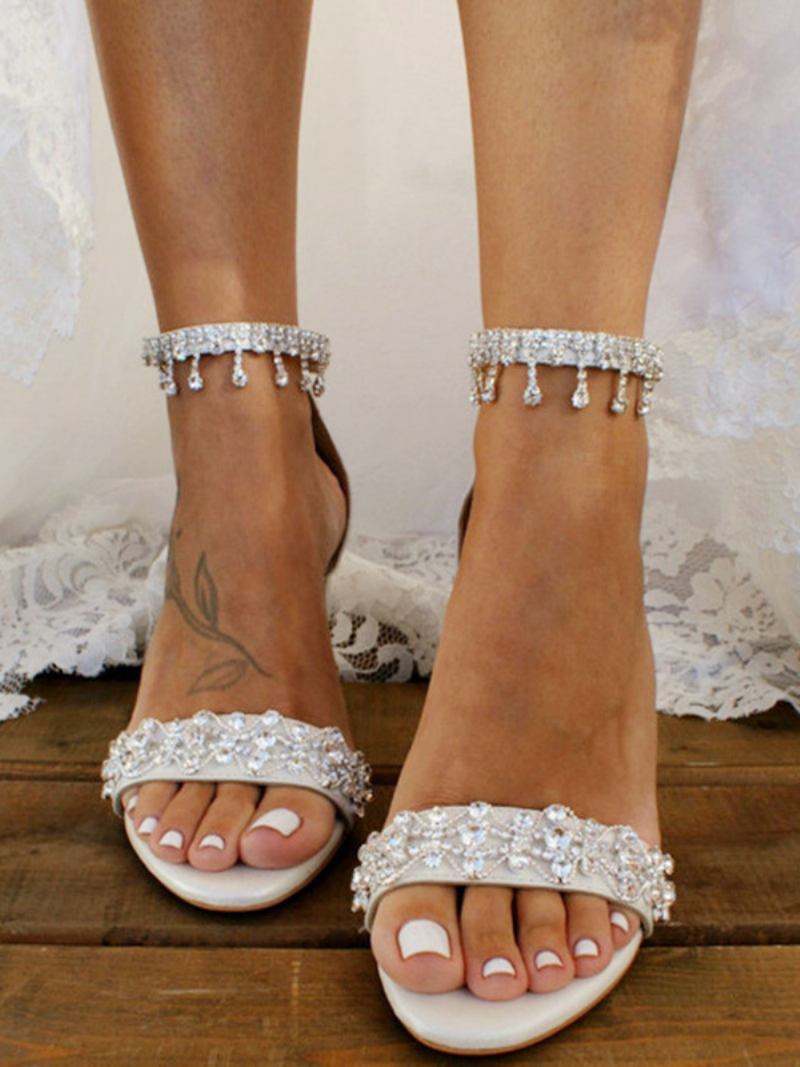 Sapatos Casamento Femininos Couro Pu Strass Brancos Sandálias Dedo Aberto