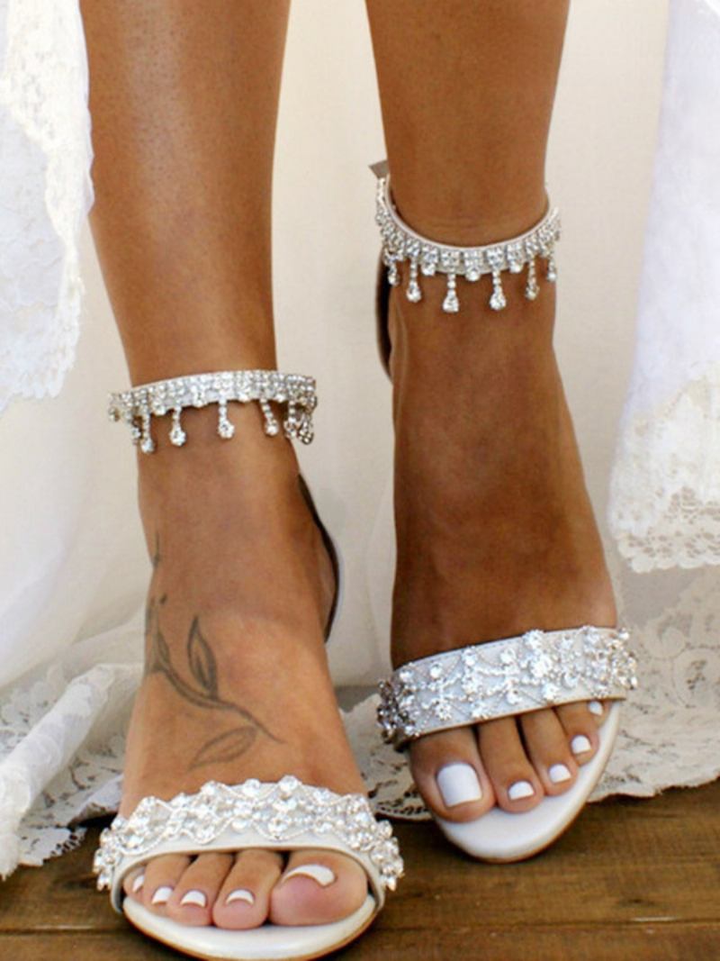 Sapatos Casamento Femininos Couro Pu Strass Brancos Sandálias Dedo Aberto - Branco