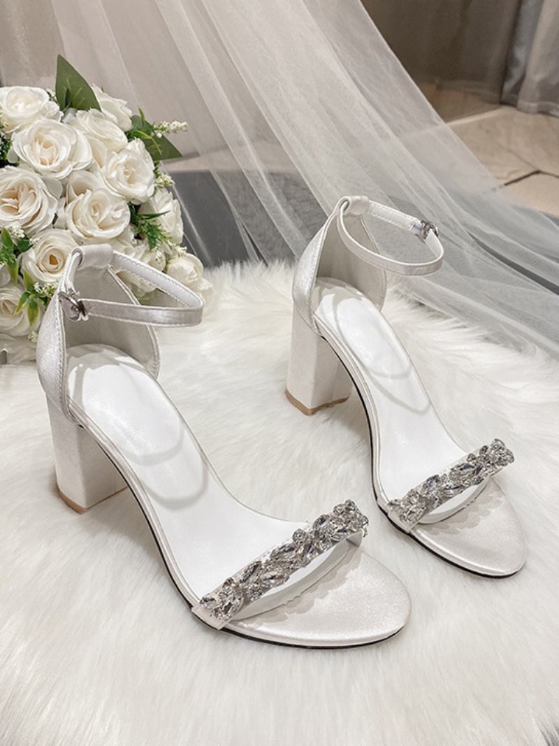 Sapatos Casamento Femininos Couro Pu Strass Brancos Sandálias Dedo Aberto - Branco