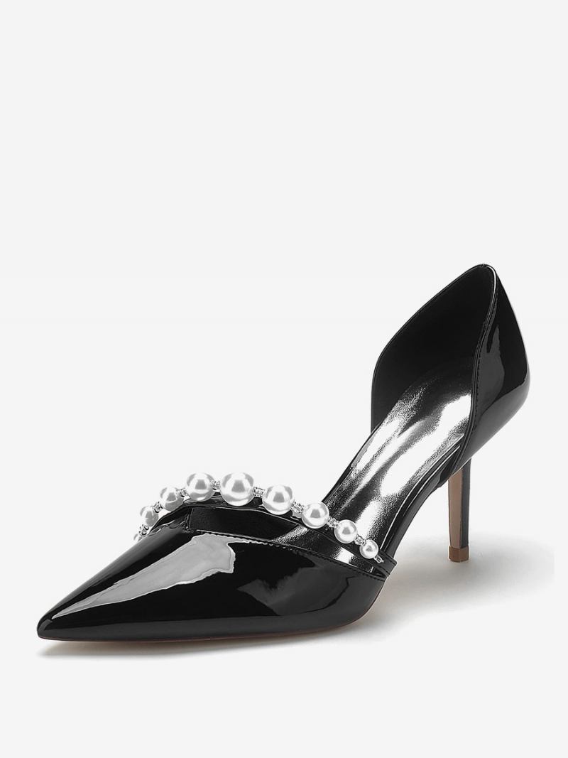 Sapatos Casamento Femininos Dama Honra Patente Pu Pérolas Bico Fino - Preto