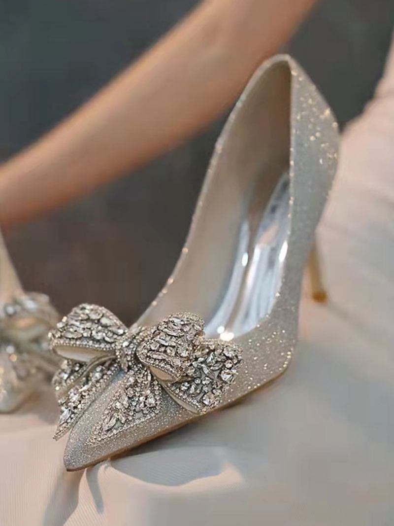 Sapatos Casamento Femininos Lantejoulas Prata Bico Fino Strass Arco Salto Agulha Festa