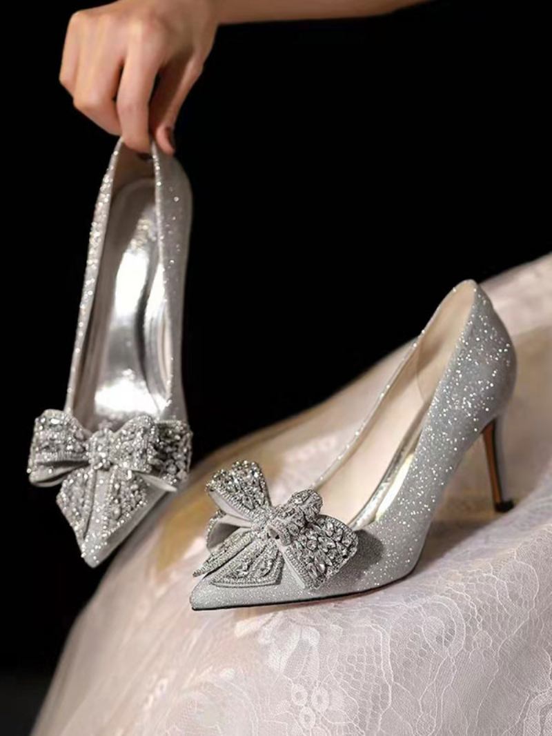 Sapatos Casamento Femininos Lantejoulas Prata Bico Fino Strass Arco Salto Agulha Festa - Prata