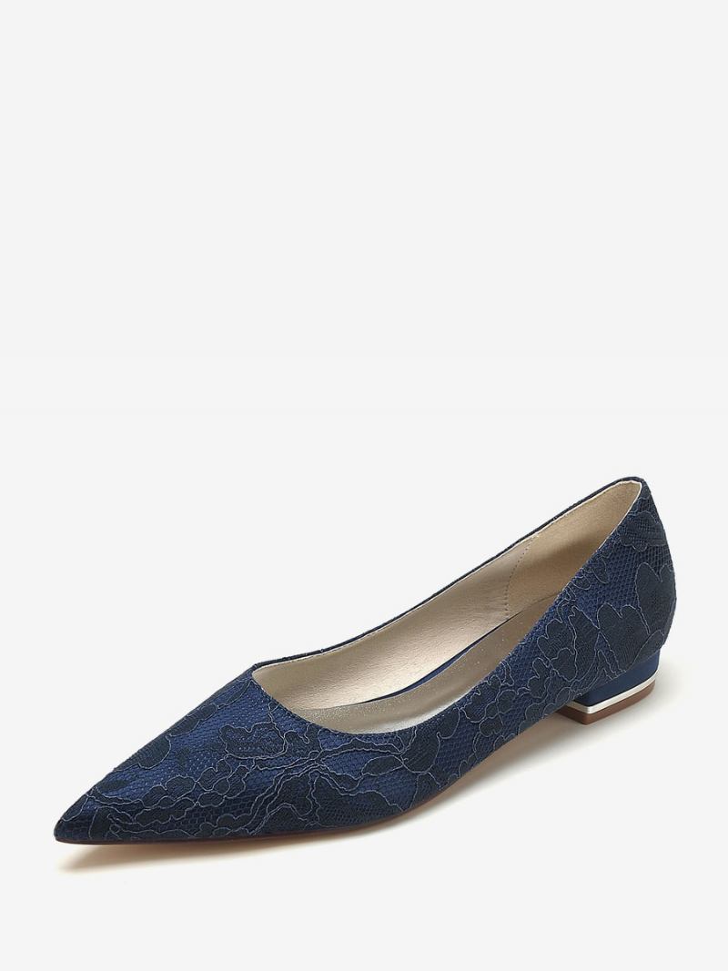 Sapatos Casamento Femininos Mãe Da Noiva Renda Bico Fino Bordado 1 Polegadas - Azul Profundo