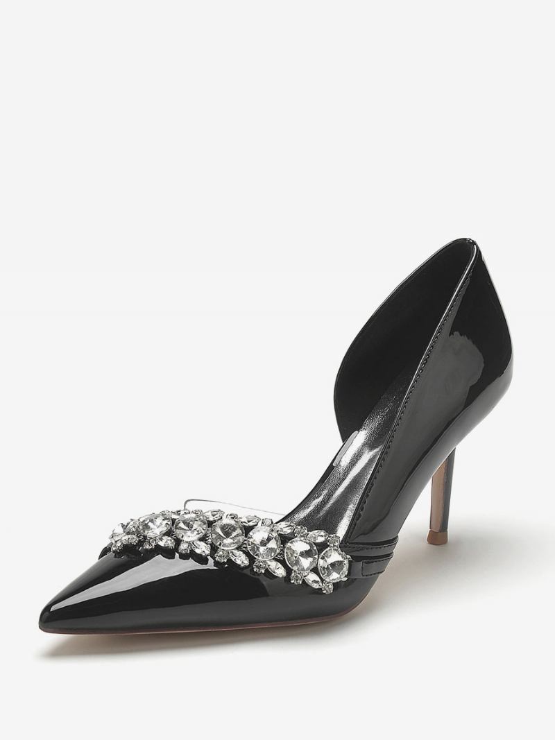 Sapatos Casamento Femininos Para Mãe Da Noiva Patente Pu Bico Ponteagudo Strass 3.3 Polegadas - Preto