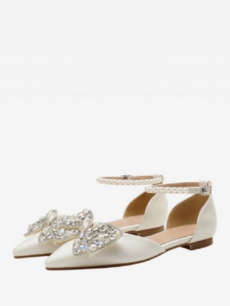 Sapatos Casamento Femininos Planos Bico Ponteagudo Branco Strass Noiva