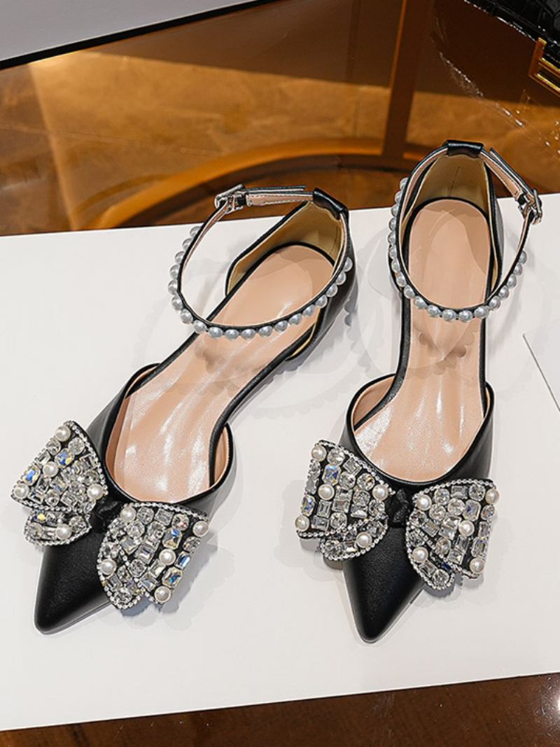 Sapatos Casamento Femininos Planos Bico Ponteagudo Branco Strass Noiva - Preto