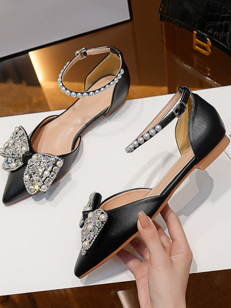 Sapatos Casamento Femininos Planos Bico Ponteagudo Branco Strass Noiva - Preto