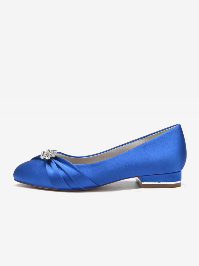 Sapatos Casamento Femininos Planos Cetim Com Bico Redondo E Strass Para Mãe Da Noiva - Azul Royal