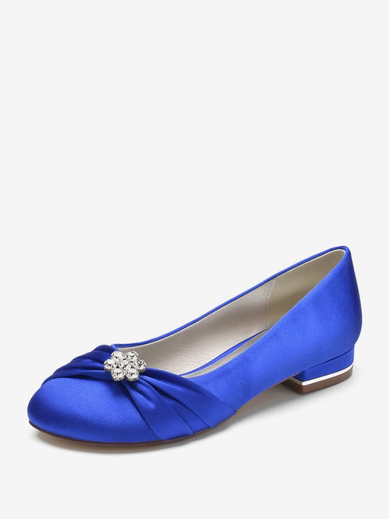 Sapatos Casamento Femininos Planos Cetim Com Bico Redondo E Strass Para Mãe Da Noiva - Azul Royal