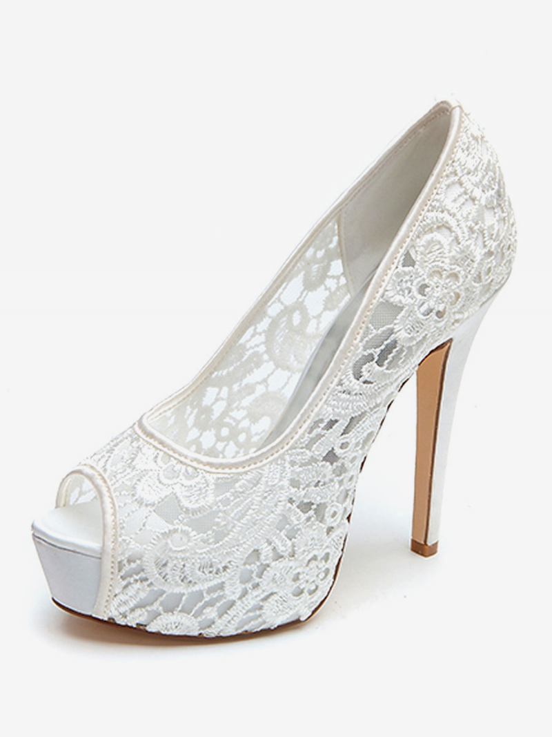 Sapatos Casamento Femininos Renda Branca Peep Toe Salto Agulha Plataforma Noiva