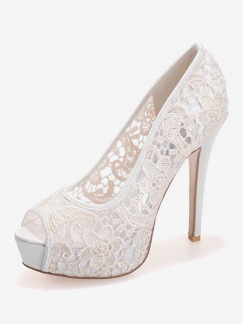 Sapatos Casamento Femininos Renda Branca Peep Toe Salto Agulha Plataforma Noiva - Marfim