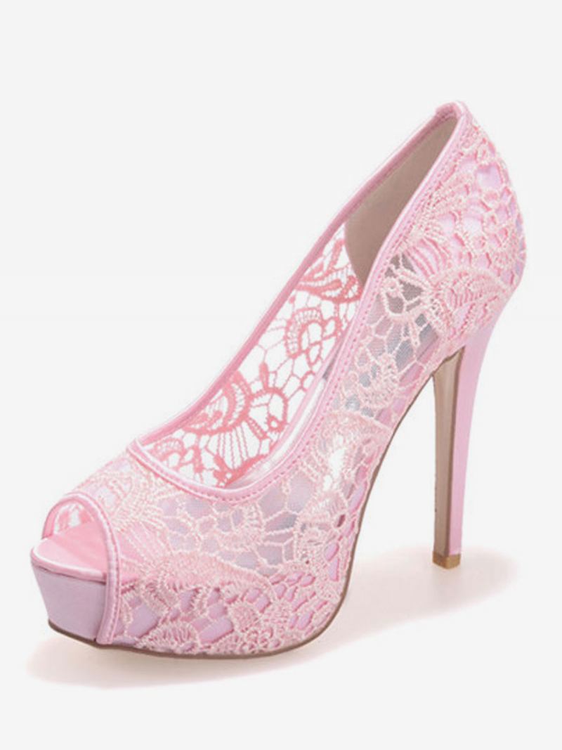 Sapatos Casamento Femininos Renda Branca Peep Toe Salto Agulha Plataforma Noiva - Rosa