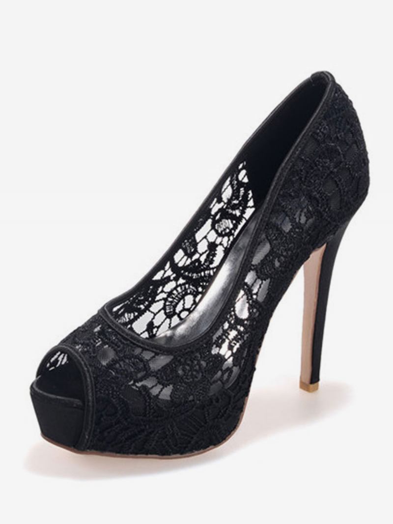 Sapatos Casamento Femininos Renda Branca Peep Toe Salto Agulha Plataforma Noiva - Preto