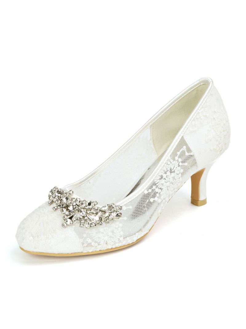 Sapatos Casamento Femininos Renda Marfim Bico Redondo Strass Salto Gatinho Noiva