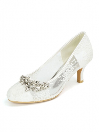 Sapatos Casamento Femininos Renda Marfim Bico Redondo Strass Salto Gatinho Noiva