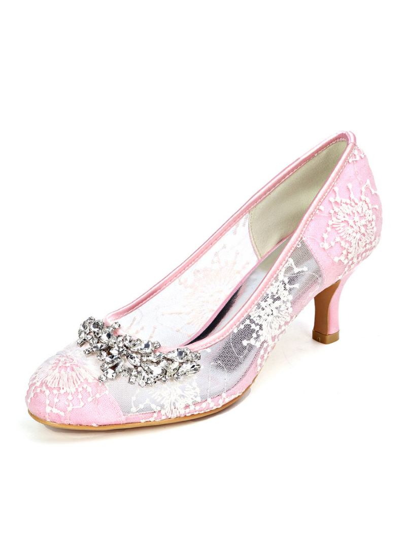 Sapatos Casamento Femininos Renda Marfim Bico Redondo Strass Salto Gatinho Noiva - Rosa