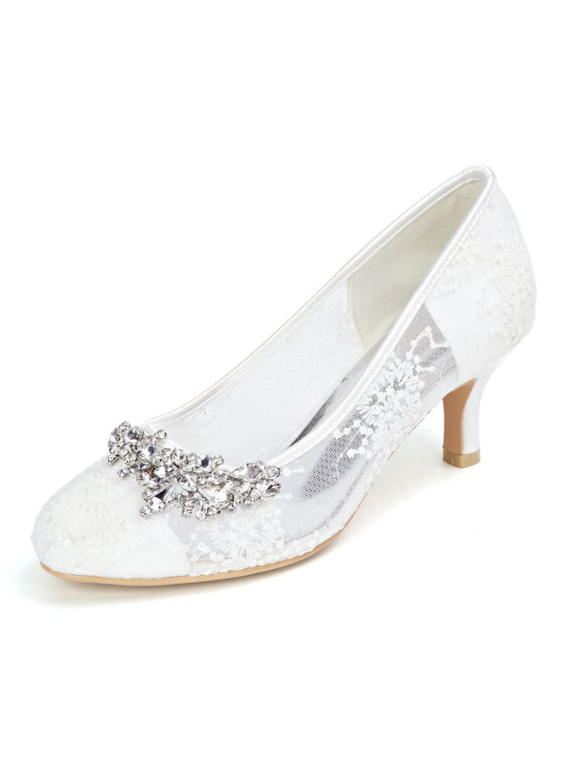 Sapatos Casamento Femininos Renda Marfim Bico Redondo Strass Salto Gatinho Noiva - Branco