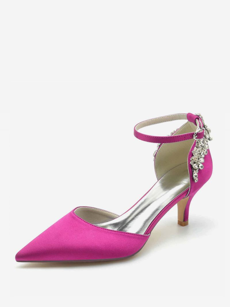 Sapatos Casamento Femininos Seda E Cetim Bico Fino Strass Salto Gatinho Noiva - Rosa