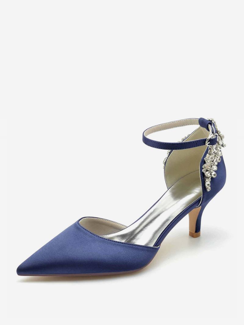 Sapatos Casamento Femininos Seda E Cetim Bico Fino Strass Salto Gatinho Noiva - Azul Profundo