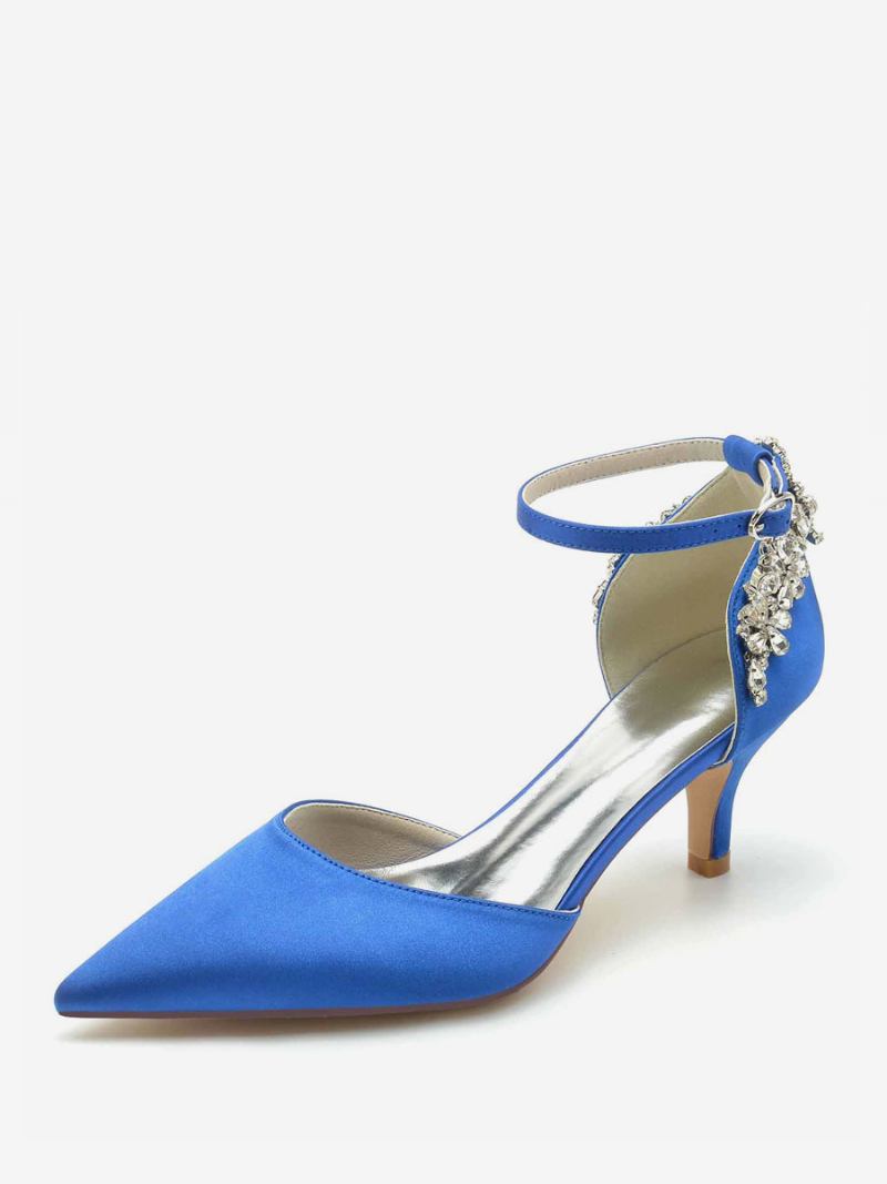 Sapatos Casamento Femininos Seda E Cetim Bico Fino Strass Salto Gatinho Noiva - Azul Royal