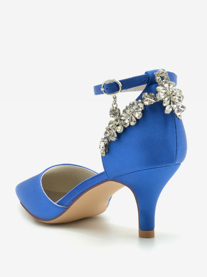 Sapatos Casamento Femininos Seda E Cetim Bico Fino Strass Salto Gatinho Noiva - Azul Royal