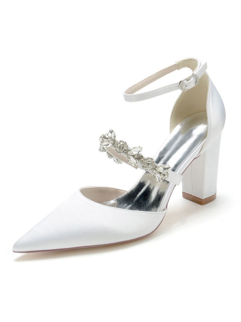 Sapatos Casamento Femininos Strass Cetim Bico Fino Salto Grosso Noiva